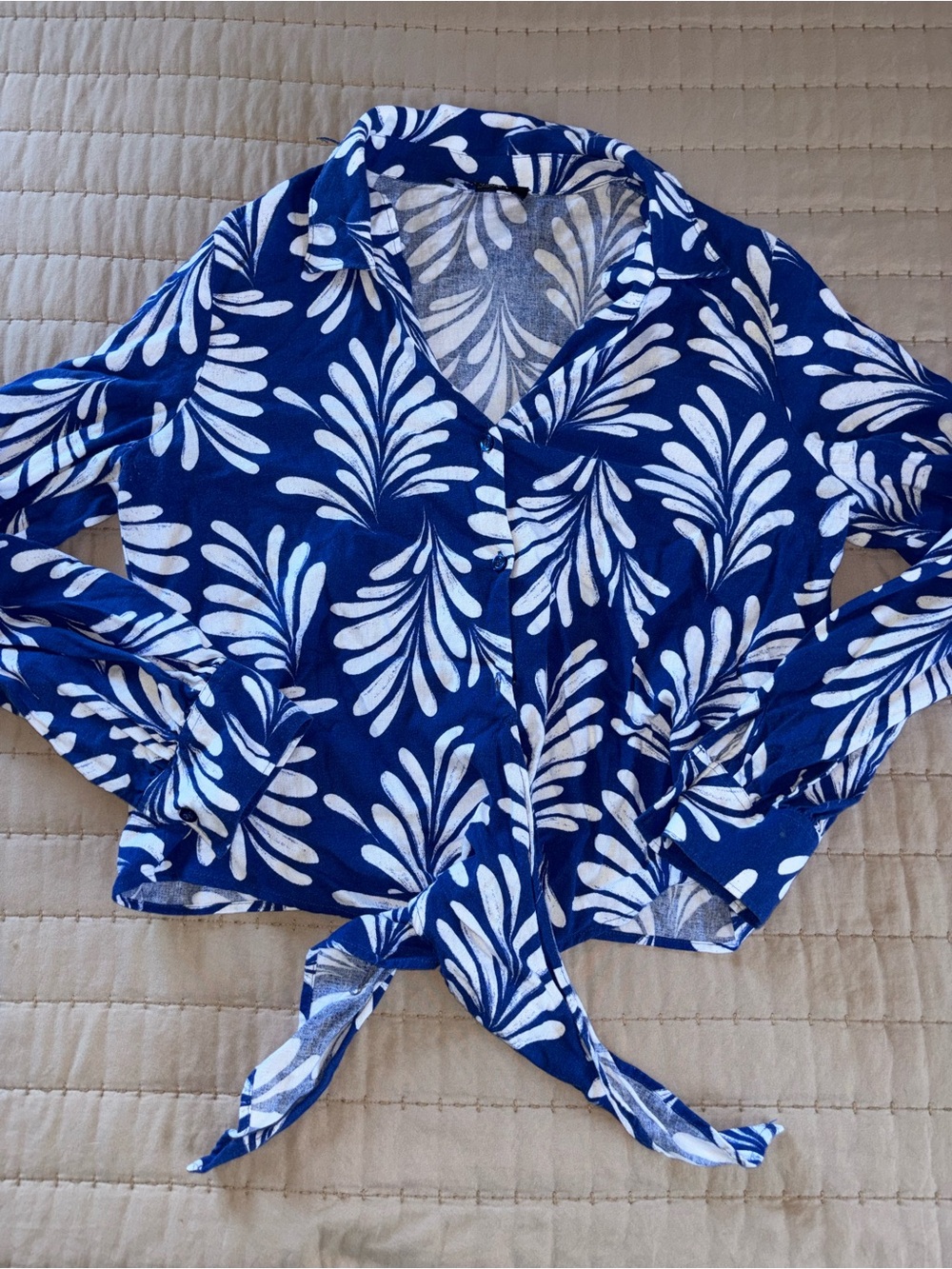 Ellen Tracy Navy and White Tie-Front V-Neck Blouse